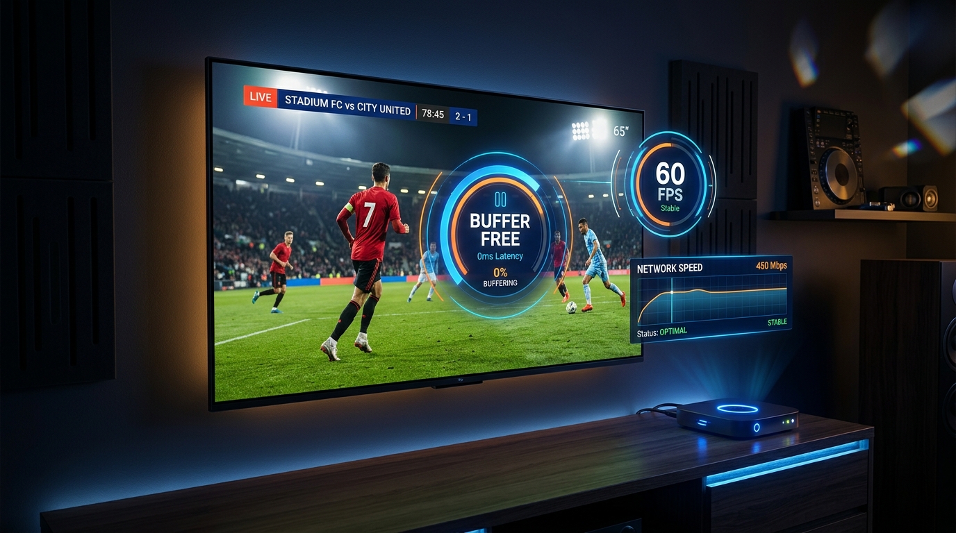 IPTV Smarters buffering fix showing zero latency buffer-free 4K streaming performance on a smart TV