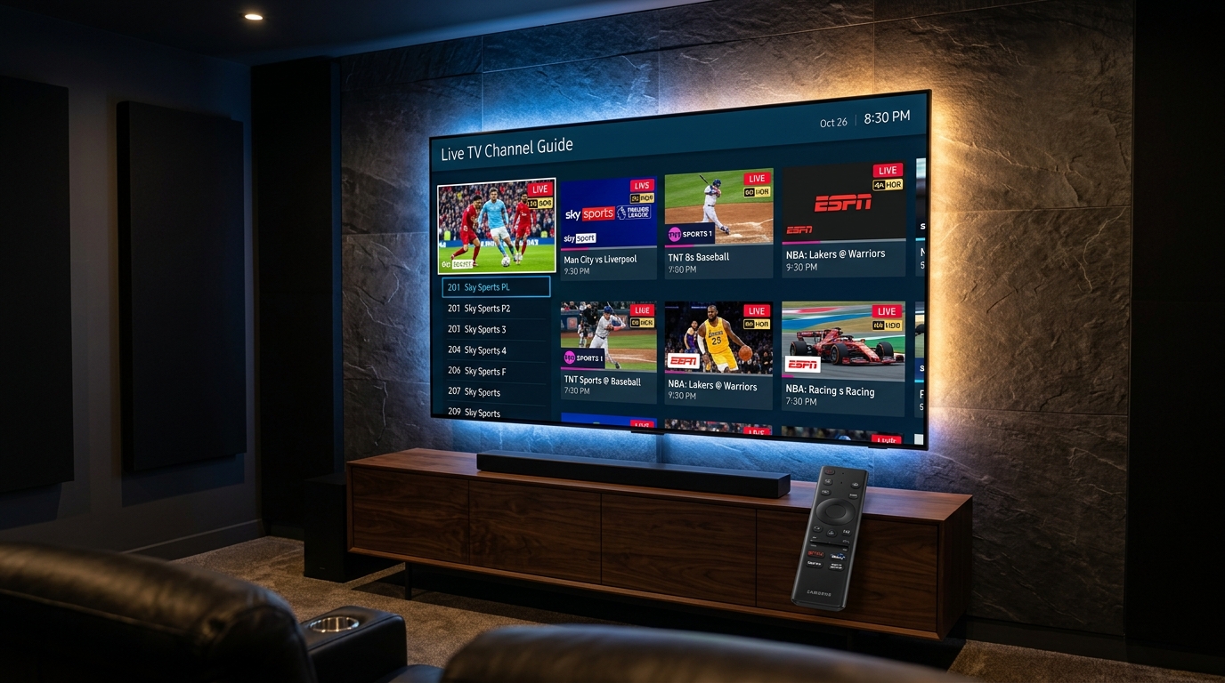 Hero image showing IPTV Samsung Smart TV setup running IBO Player Pro on Neo QLED in modern living room