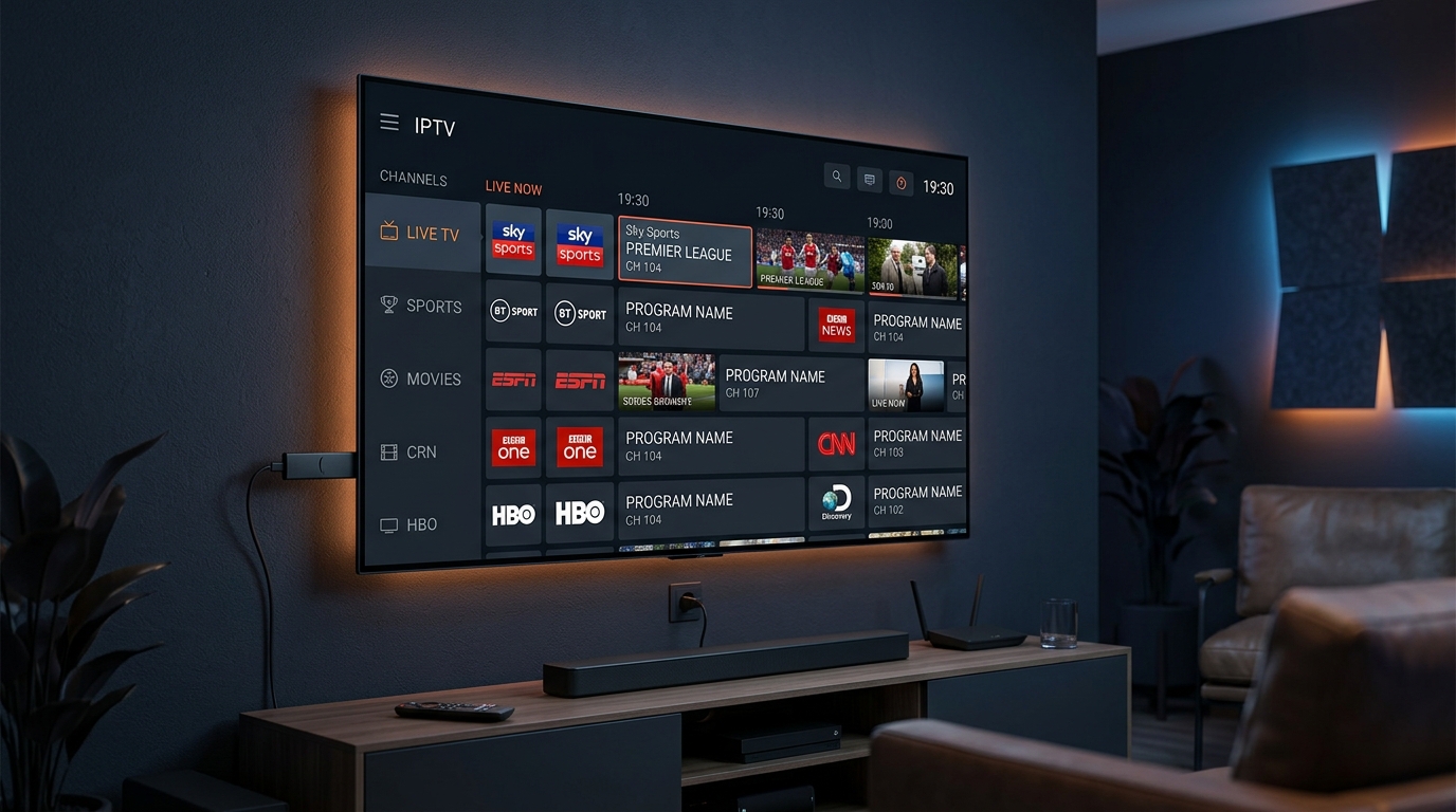 Hero image demonstrating TiviMate Premium setup guide showing sleek dark mode EPG grid on modern 4K TV