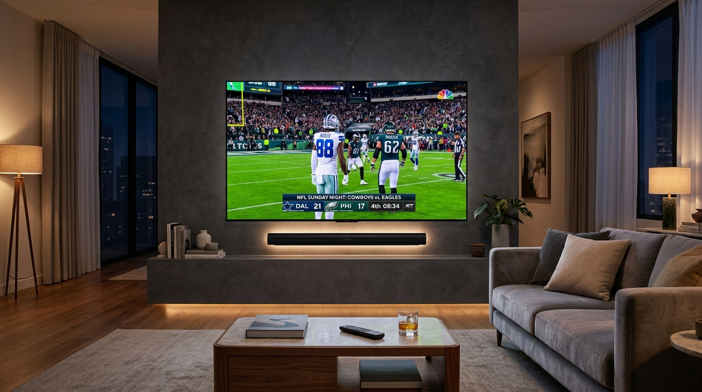 Hero image demonstrating how to watch NFL without Sunday Ticket in 4K 60fps on modern living room OLED TV